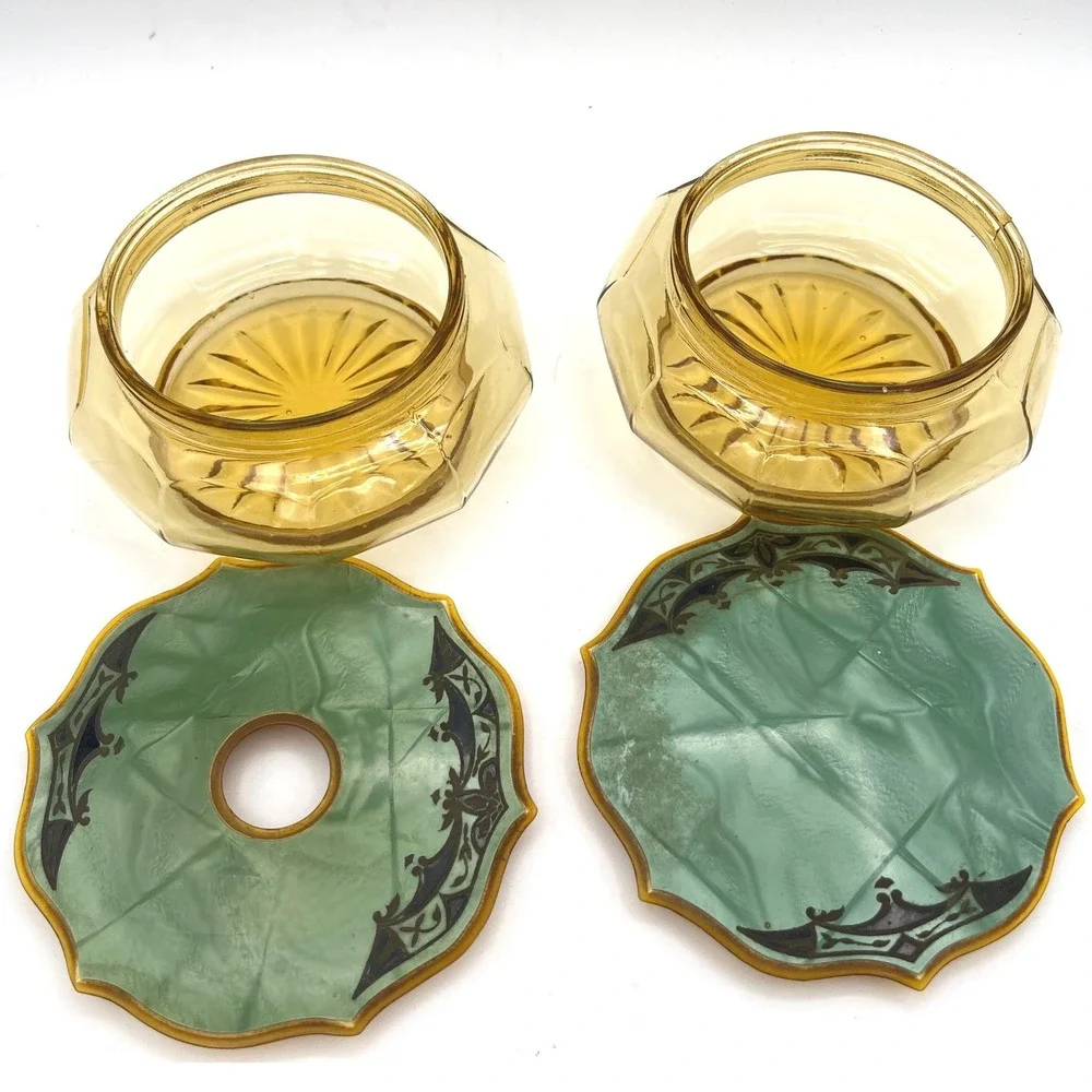 Art Deco Amber Glass Vanity Jar Set with Green Celluloid Lids